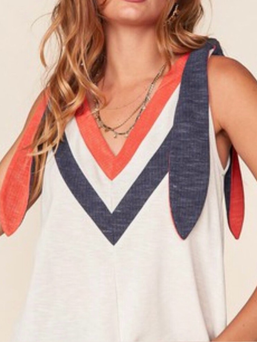 Knit Tie-Shoulder Camisole in Cream with Red & Charcoal Chevron Small
